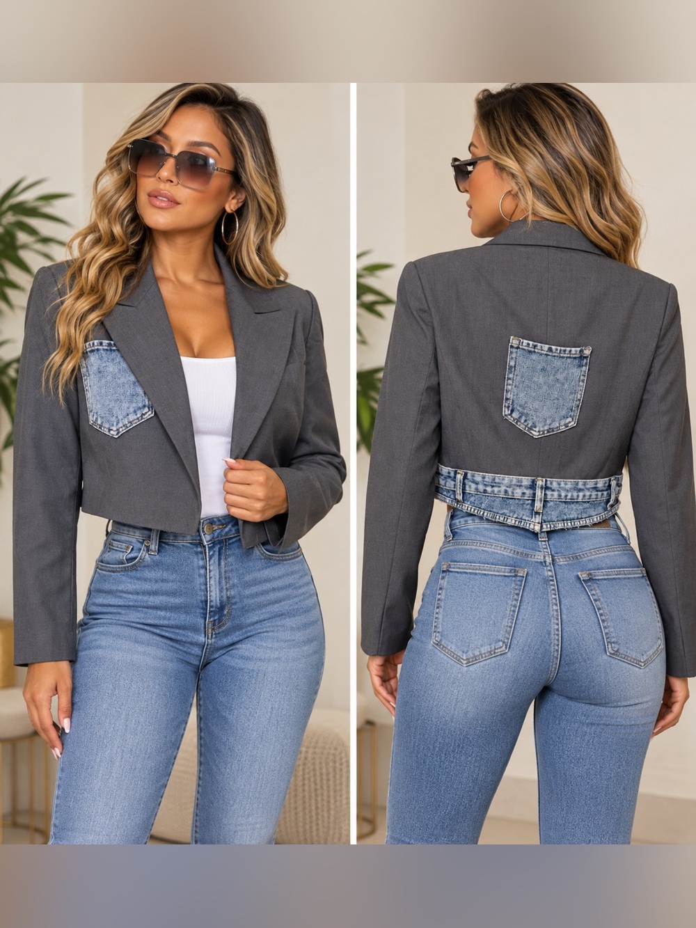 Upcycled Cropped Grey Blazer with Denim Patch Details size S/M